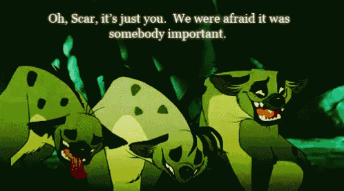a cartoon of a group of hyenas with the words oh scar it 's just you we were afraid it was somebody important