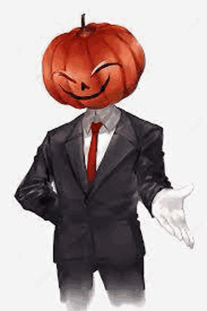 a man in a suit and tie with a pumpkin head is standing with his hand out .