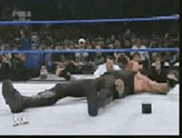 a wrestler is laying on the ground in a wrestling ring .