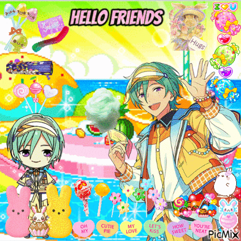 a pixel art of a boy holding cotton candy with the words hello friends on the bottom