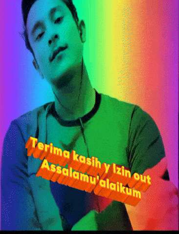 a man with a rainbow background says " terima kasih y izin out assalamu ' alaikum "