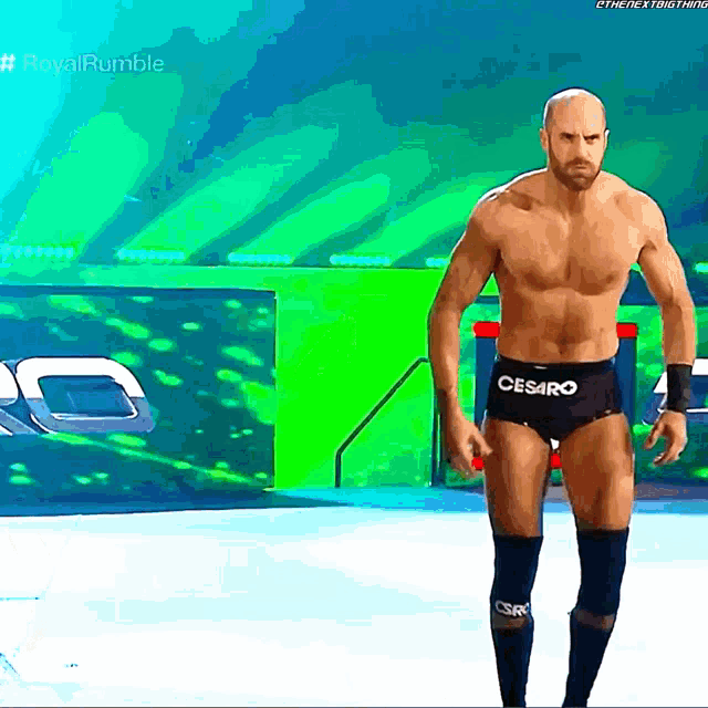 a shirtless wrestler with cesaro written on his trunks