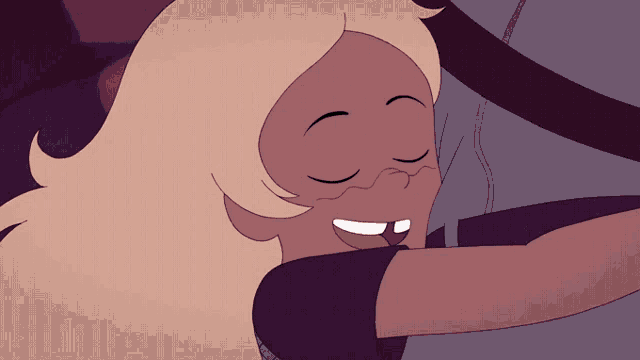 a cartoon girl with blonde hair is smiling and holding a man 's arm