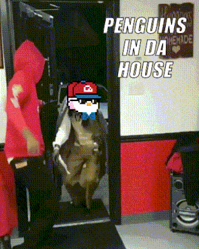 penguins in da house is written on a sign above the doorway