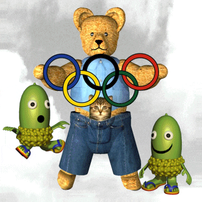 a teddy bear with the olympic rings and a cat