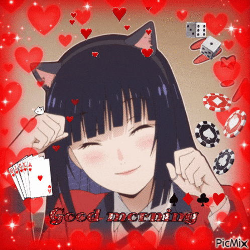 a picture of a girl with cat ears and the words " good morning " on the bottom