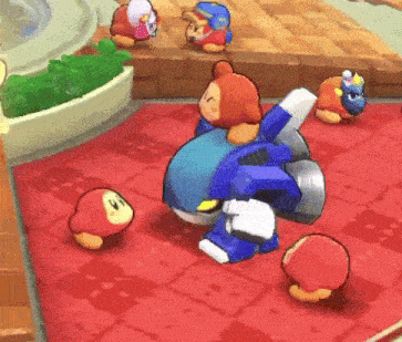 a group of kirbys are standing around a robot .