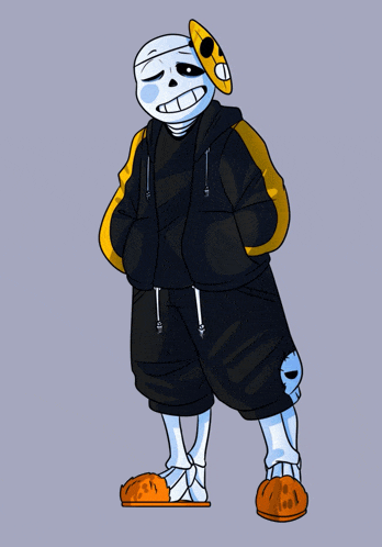 a drawing of a skeleton wearing a black jacket and orange slippers