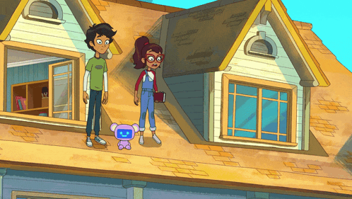 a cartoon of a boy and a girl standing on a roof