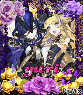 a couple of anime characters surrounded by purple and yellow flowers with the name yuri on the bottom