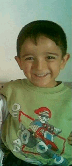 a young boy wearing a green t-shirt with a cartoon character on it is smiling .
