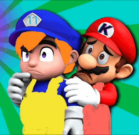 two cartoon characters with one wearing a blue hat with the number 11 on it