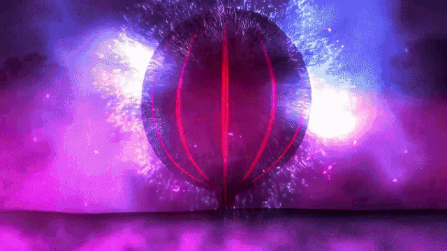 a purple and blue background with a red sphere in the middle