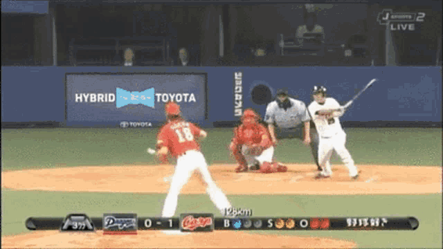 a baseball game is being played in front of a hybrid and toyota ad