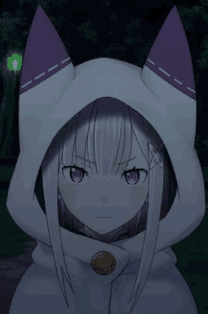 a girl with white hair and purple eyes is wearing a white cat hood