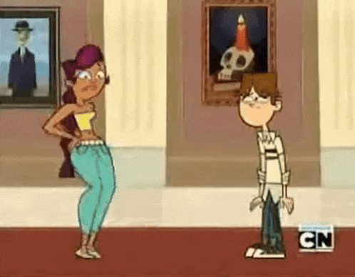a couple of cartoon characters standing next to each other in front of a painting with a skull on it .