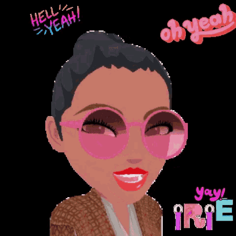 a cartoon of a woman wearing pink sunglasses says hello yeah oh yeah yay ire