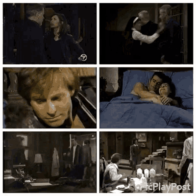 a collage of images shows a man and a woman in a bedroom