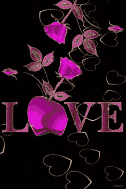 the word love is on a black background with hearts and flowers