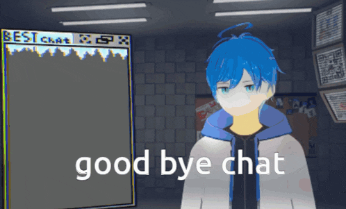 a cartoon character says good bye chat in front of a best chat sign