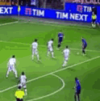 a group of soccer players are playing on a field with a sign that says tim next