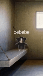 a cartoon character is sitting on a ledge in a room with the word bebe .