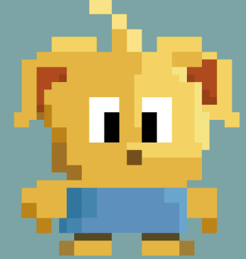 a pixel art drawing of a dog with a blue shirt