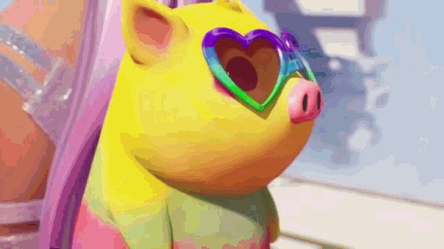 a cartoon pig wearing heart shaped sunglasses is standing next to a woman wearing pink shoes .
