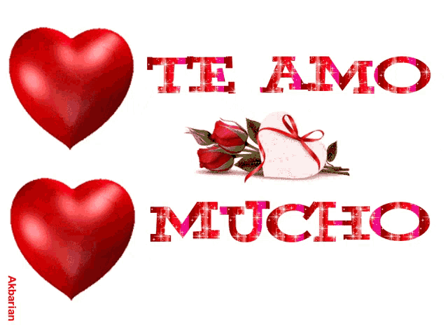 two red hearts with the words te amo mucho written above them