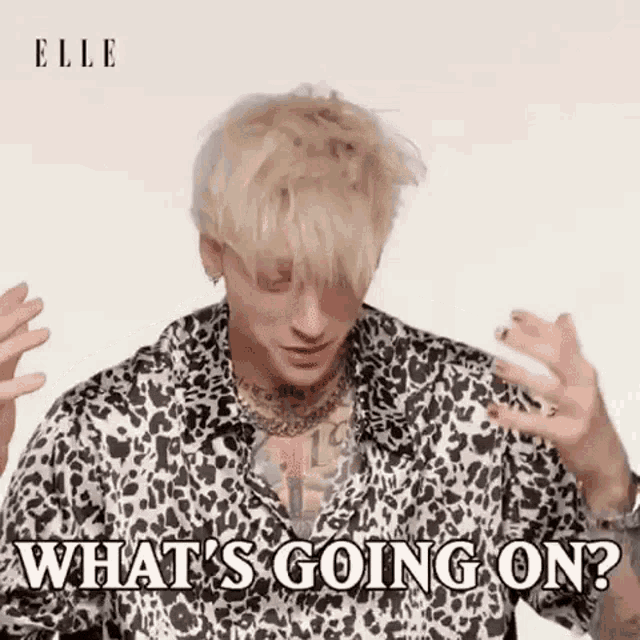 a man with blonde hair is wearing a leopard print shirt and says `` what 's going on ? ''