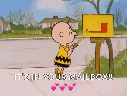 a cartoon of charlie brown putting a letter in a mailbox
