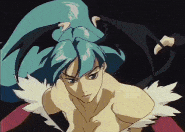 a cartoon character with blue hair and feathers on his sleeves