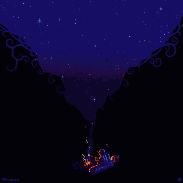 a pixel art of a campfire under a starry sky