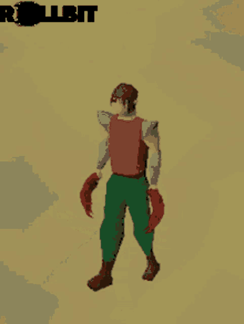 a pixel art of a man in a red shirt and green pants walking