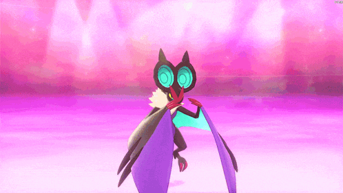 a cartoon bat with a purple wing is flying on a pink background .