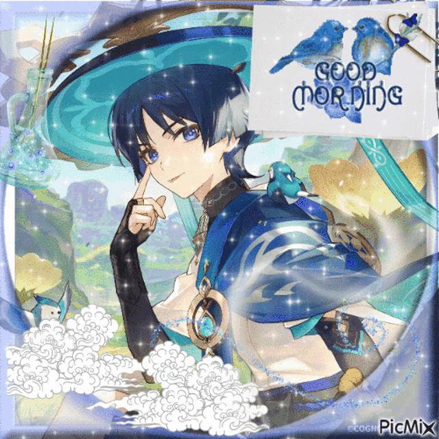 a picture of a boy with blue hair and the words good morning on the bottom