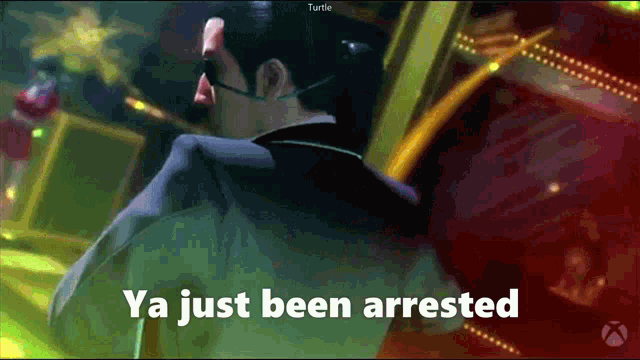 a man in a suit and sunglasses is standing in front of a sign that says ya just been arrested