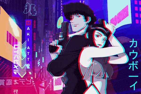 a cowboy bebop poster shows a man and a woman standing next to each other