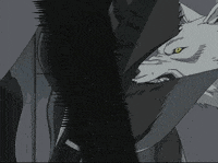 a black and white drawing of a man and a wolf .
