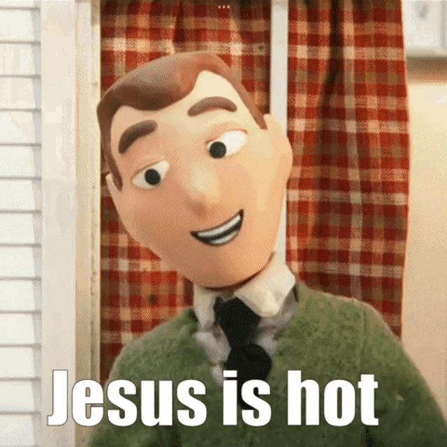 a cartoon character says jesus is hot in front of a checkered curtain