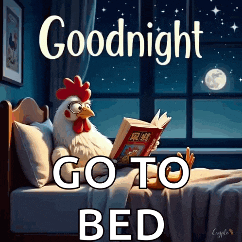 a picture of a chicken reading a book with the words goodnight go to bed below it