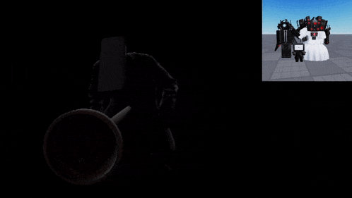 a silhouette of a man in a gas mask standing next to a robot in a white dress