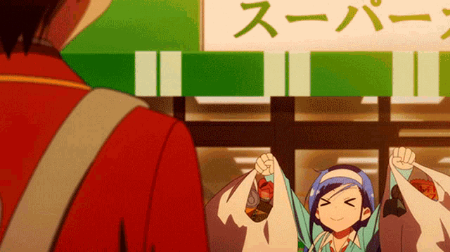 a girl with blue hair is standing in front of a sign that says " super "