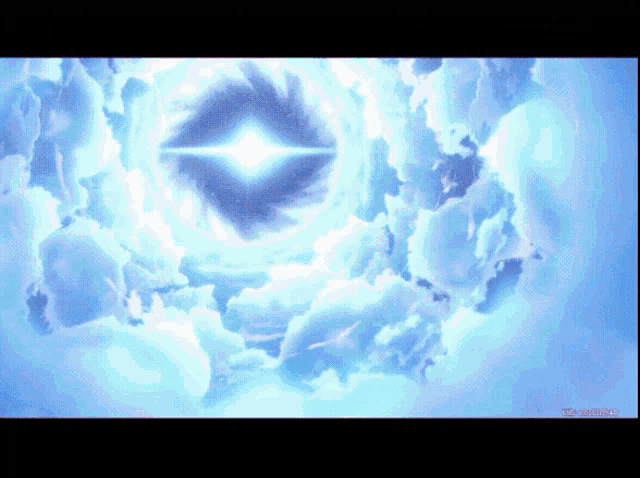 a painting of a blue sky with clouds and a glowing object in the middle