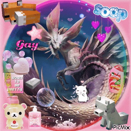 a picture of a dragon surrounded by soap and bubbles with the word gay on it