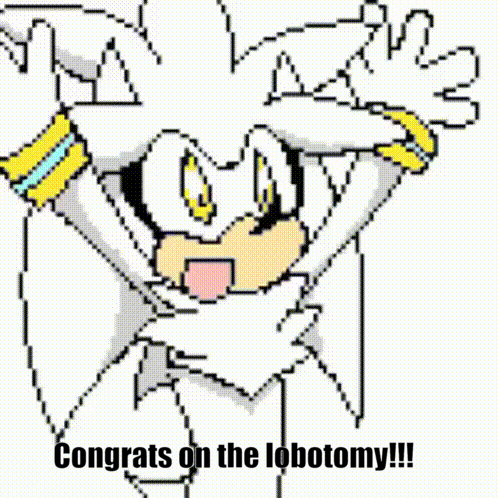 a pixel art drawing of silver the hedgehog saying congrats on the lobotomy