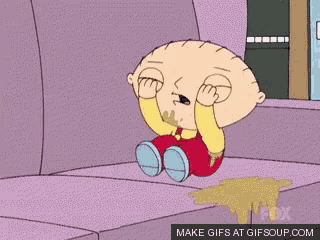 a cartoon of stewie from family guy sitting on a couch throwing up
