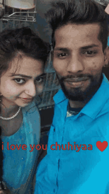 a man and woman are posing for a picture with the words love you chuhiyaa