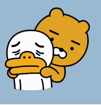 a cartoon bear is hugging a duck with a sad look on its face
