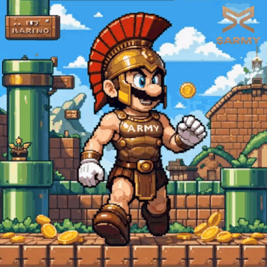 a pixel art of mario wearing a spartan armor and helmet with army written on his shirt